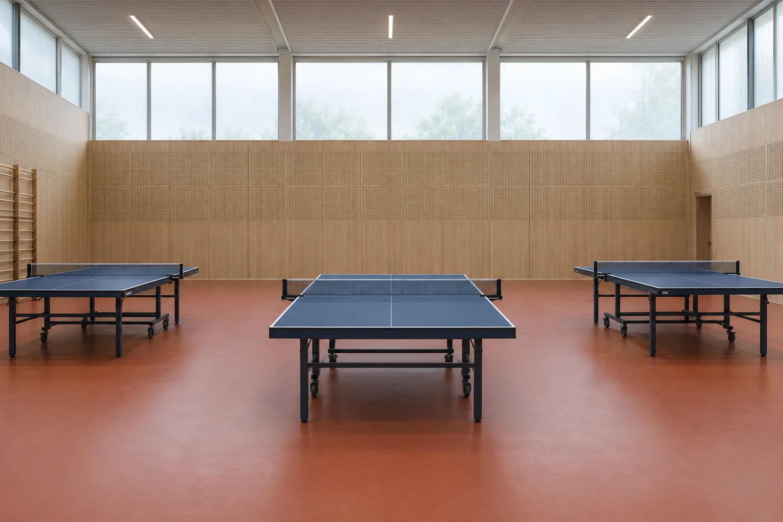 Helle Tischtennishalle mit blauen Tischen
