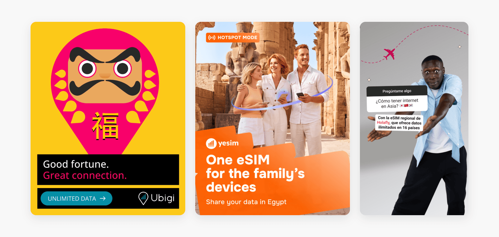 Ubigi, Yesim and Holafly creatives side by side