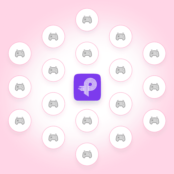 PlaySuper logo surrounded by game controller icons representing global gaming network