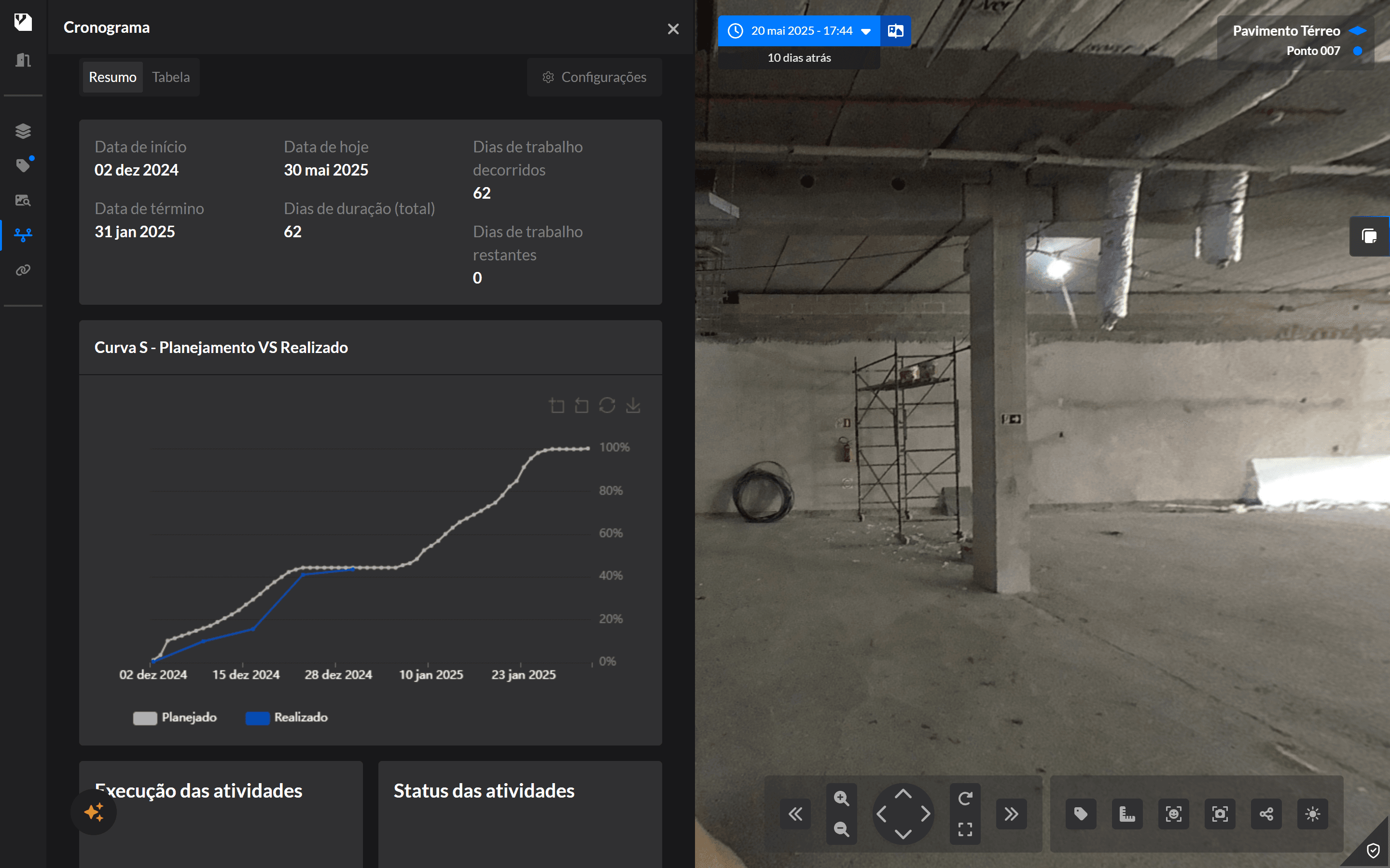 Tela dividida da plataforma Visi. À esquerda, o painel de 'Cronograma' exibe a 'Curva S' comparando o progresso planejado e o realizado. À direita, uma imagem de Captura da Realidade 360° do pavimento térreo, permitindo correlacionar os dados do gráfico com a situação visual real do canteiro.