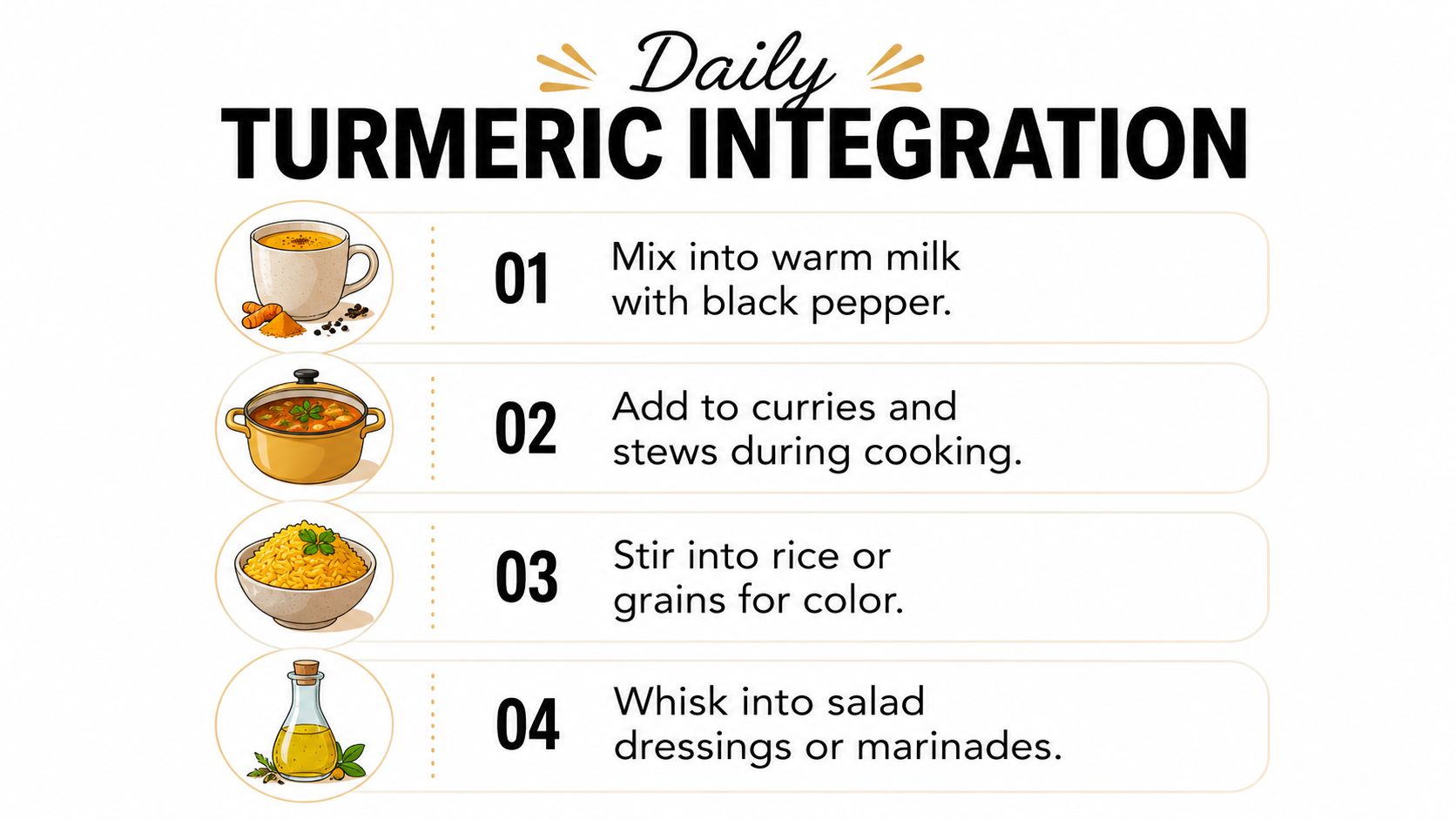 A list graphic showing four simple ways to integrate daily turmeric into cooking and drinks.