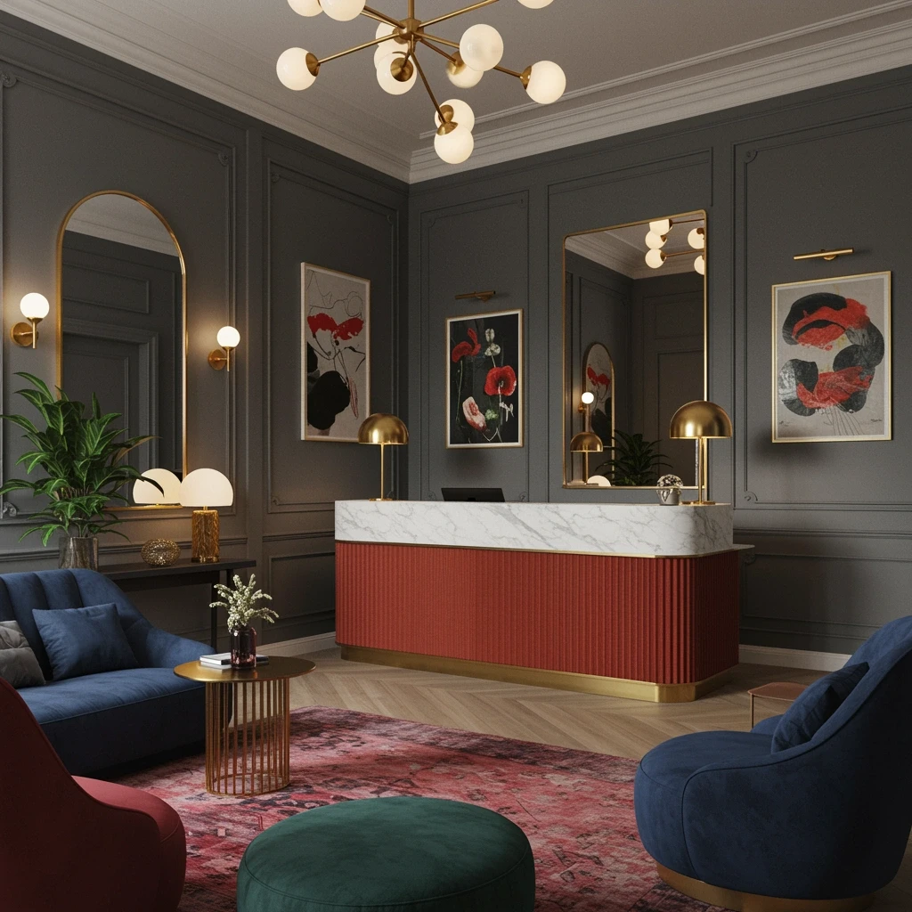 Luxurious hotel lobby featuring charcoal gray walls, white molding, and elegant furnishings