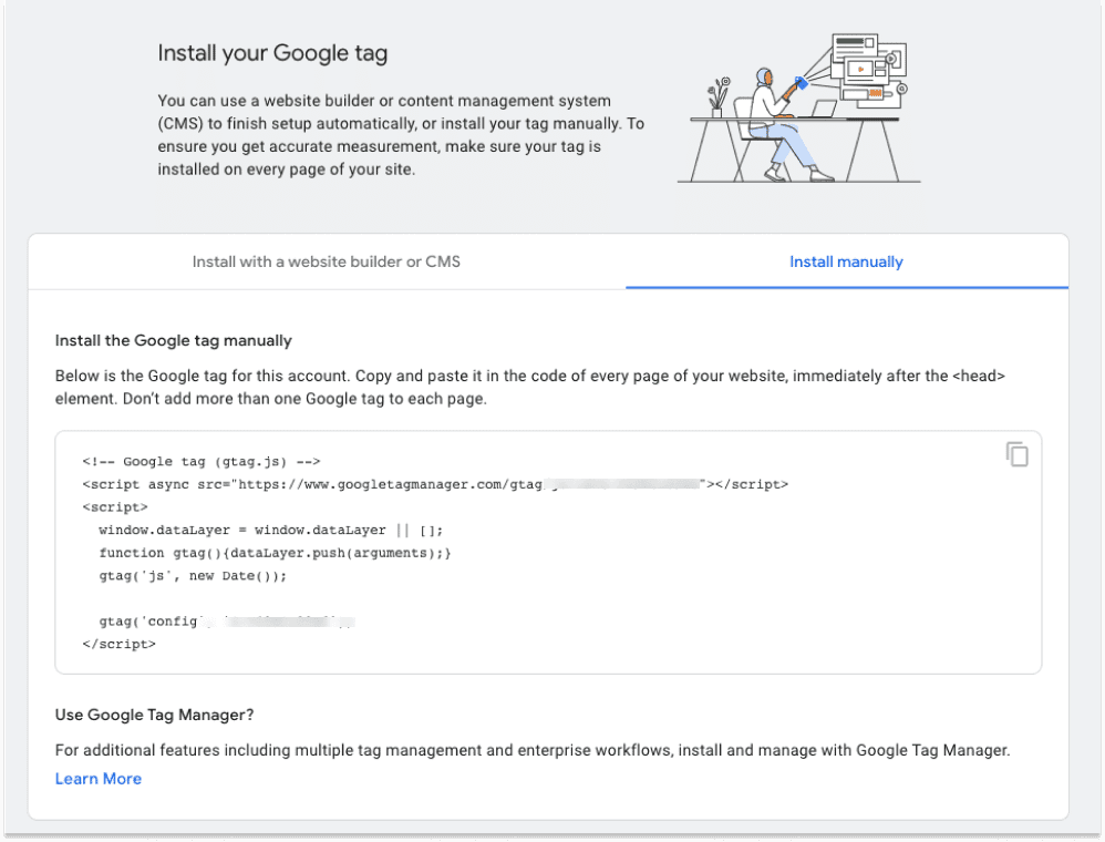 GA4 Install manually tab showing the Google tag code to paste into the website head