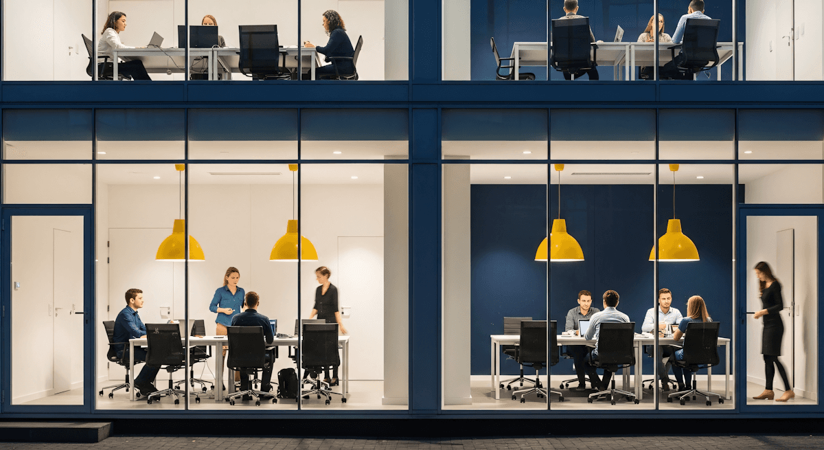 Evening view of office workspace with employees in meetings and at workstations