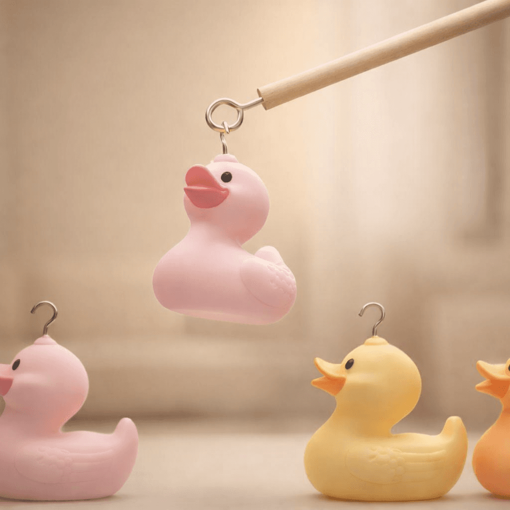 A pink rubber duck being lifted with a stick above two yellow rubber ducks on a soft, blurred background.