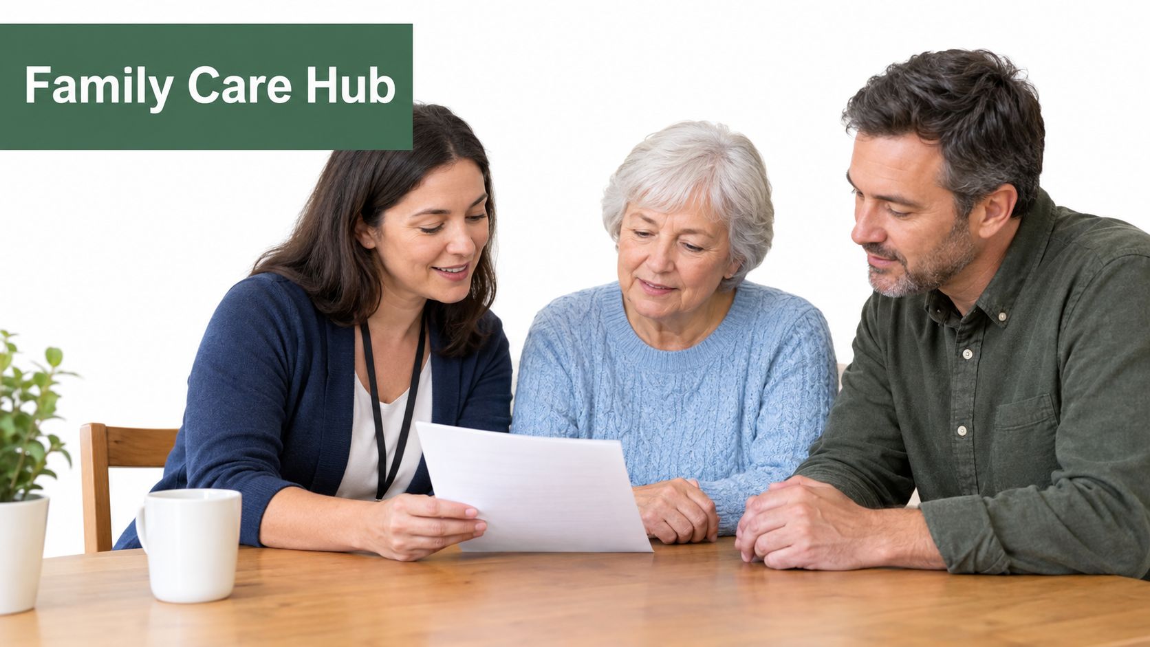 A professional care coordinator reviews important documents with an elderly woman and her middle-aged son.