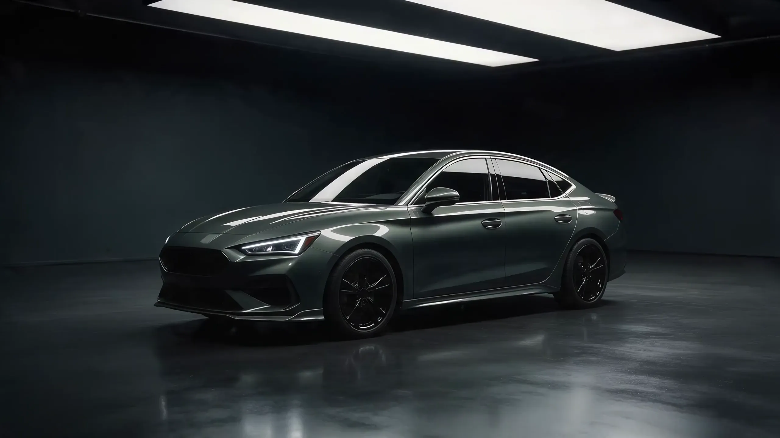 Dark sage sedan, full exterior, angle 0°