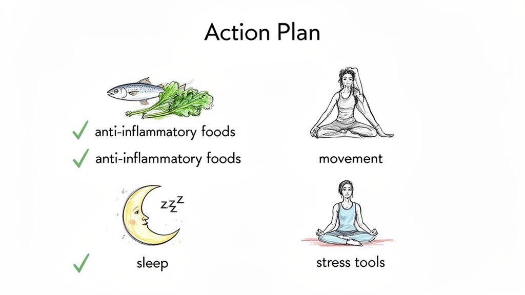 An action plan for health, showing anti-inflammatory foods, sleep, movement (yoga), and stress tools (meditation).