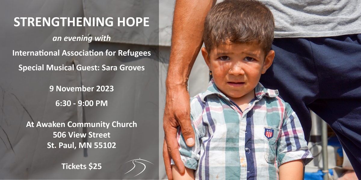 Strengthening Hope event banner with a refugee boy from Iraq