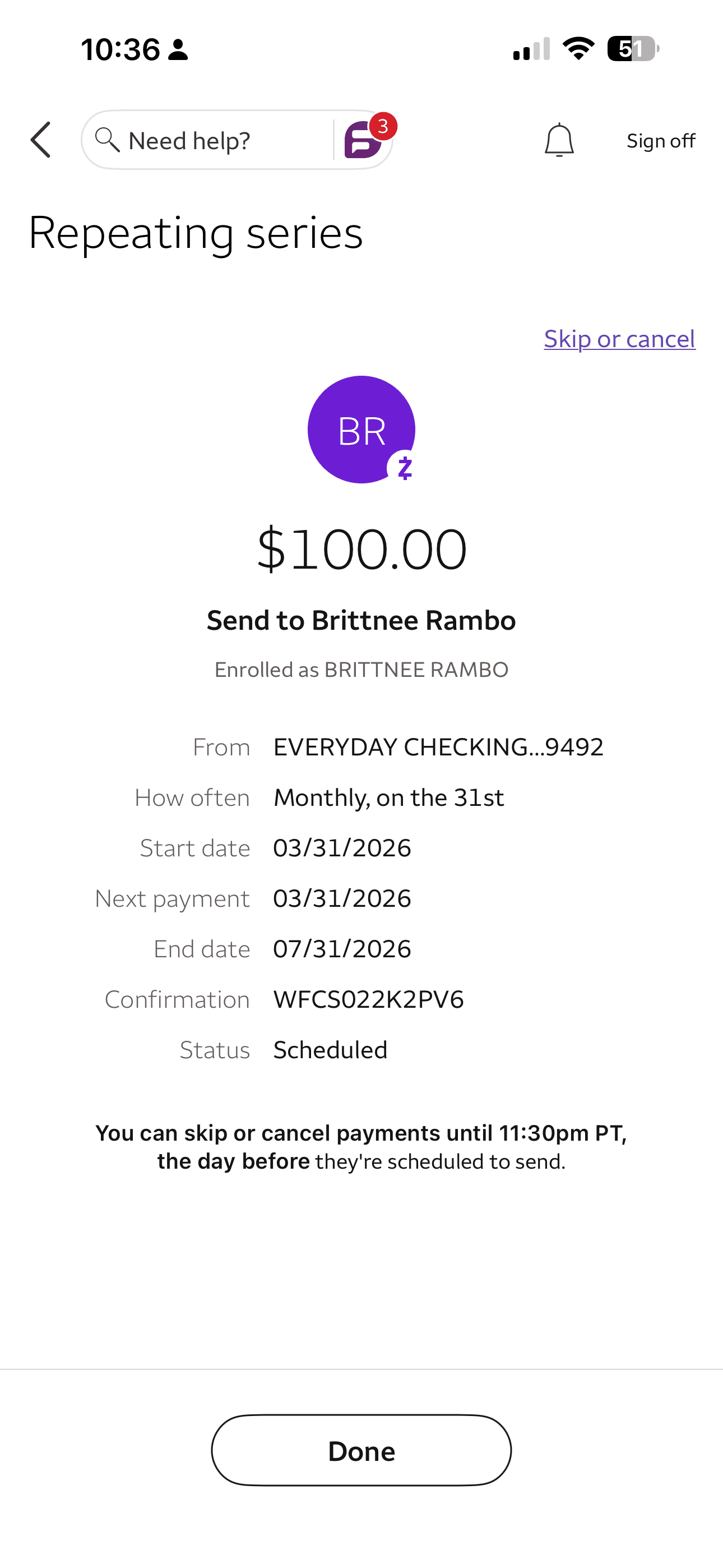 Repeating series overview with frequency and next payment date