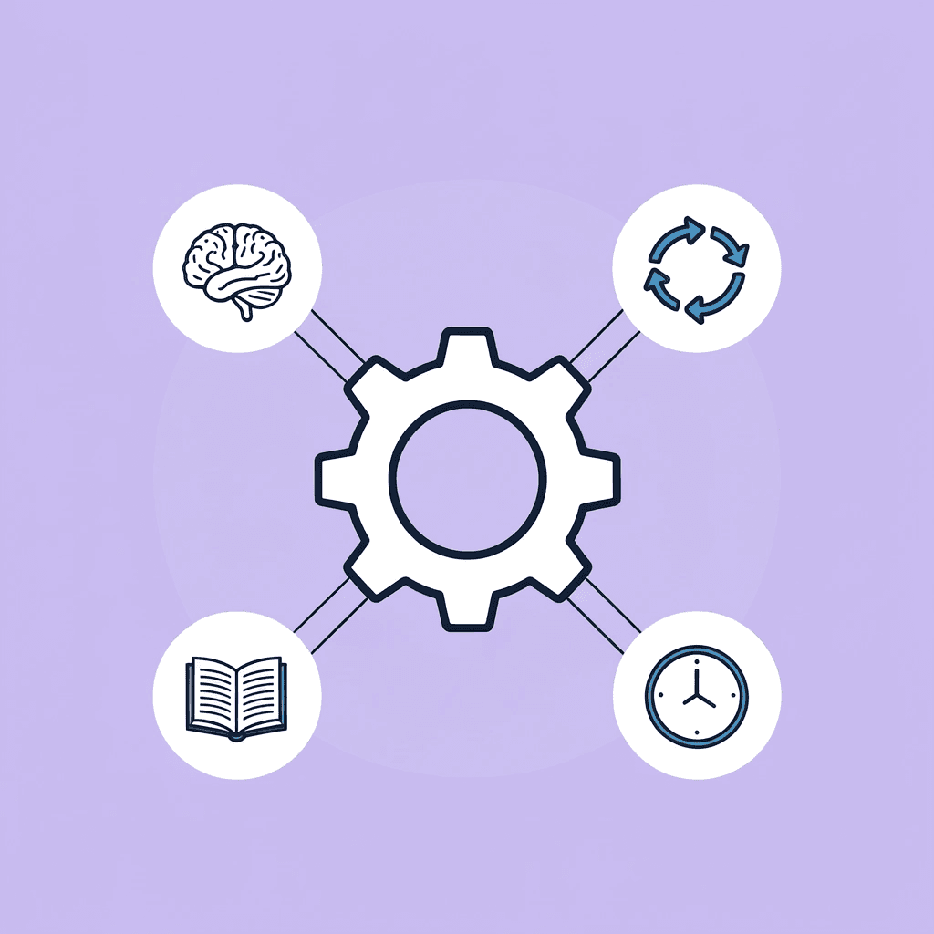 Central AI agent connected to four key components: reasoning loops, tool use, memory systems, and multi-agent coordination