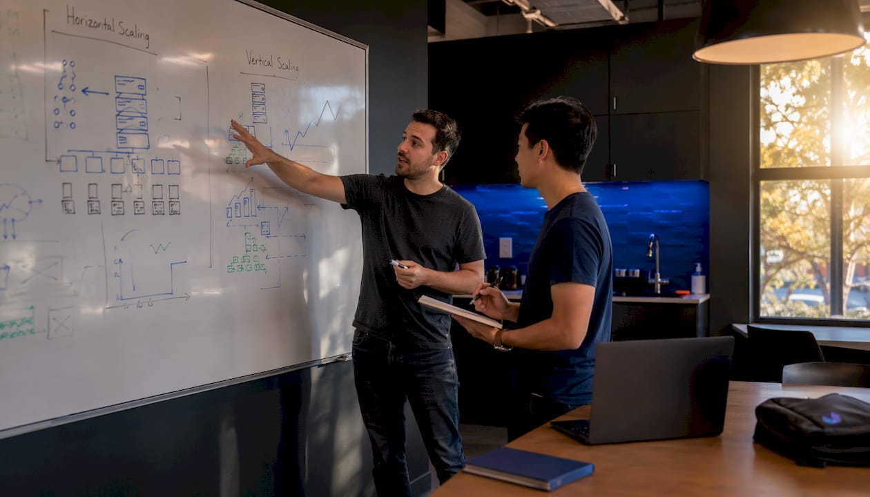 Engineers discussing horizontal and vertical scaling