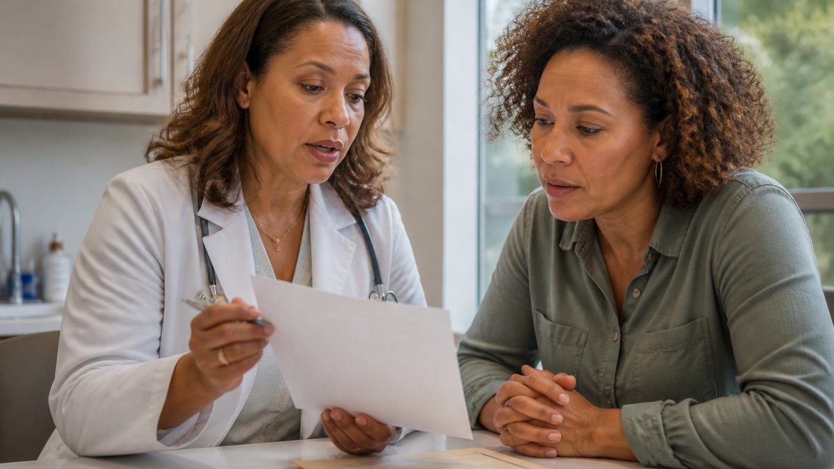 Professional female physician in white coat reviewing advanced hormone lab results with patient during one-on-one consultation in modern clinical office with natural lighting