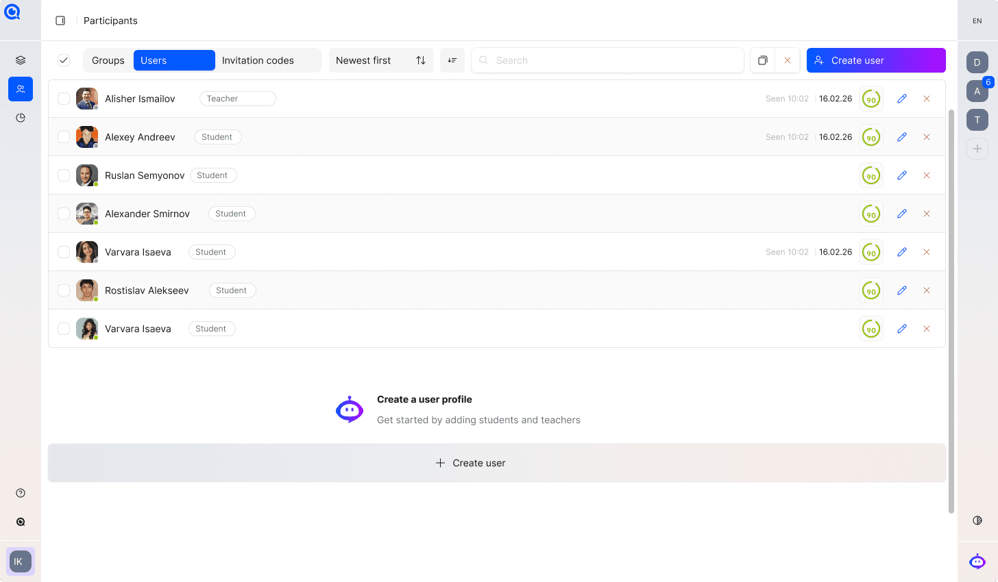 Illustrative TrustExam interface: participants, roles and groups