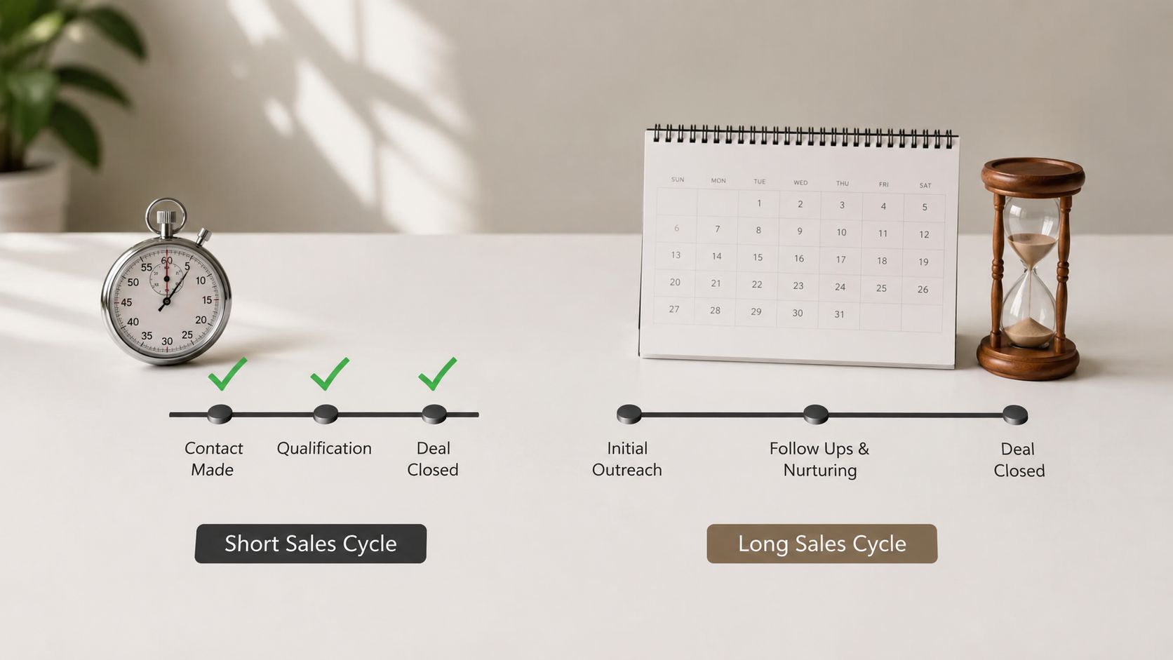A comparative infographic showing short sales cycles with a stopwatch versus long sales cycles with a calendar.