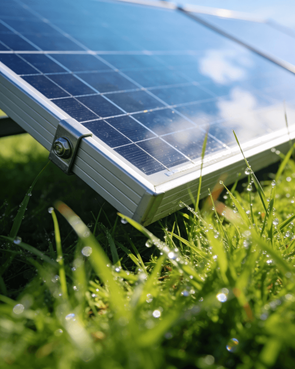 Close-up of a solar panel on dewy grass