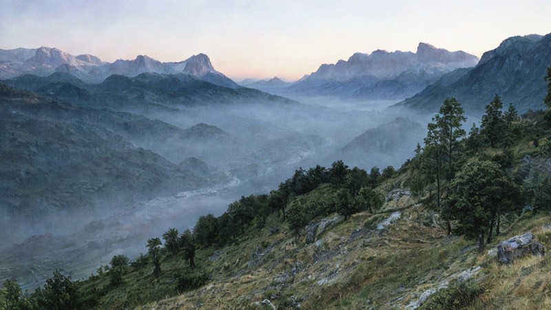 Sacred artwork by Faith and Verse. © Faith and Verse, 2025. All rights reserved. Dawn breaks over the misty valleys of the Rhône Alps, light piercing through layers of fog—a visual meditation on the ascent of the soul to God, the central theme of Bonaventure's spiritual teaching.