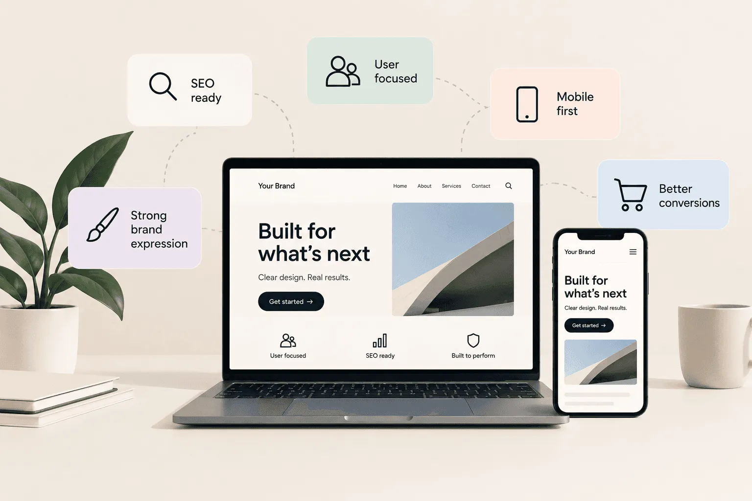 Laptop and mobile displaying a responsive website, surrounded by icons representing SEO, usability, mobile-first design, branding and conversions.