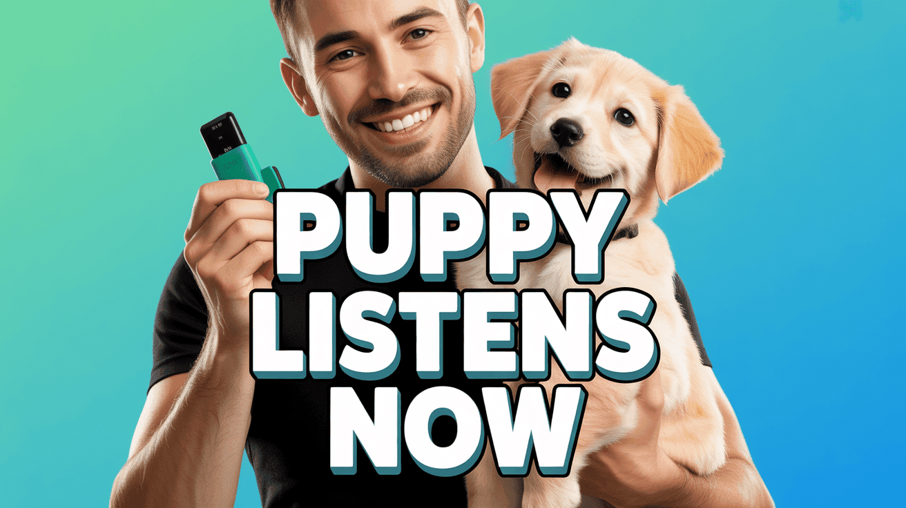 Smiling trainer holds golden puppy with PUPPY LISTENS NOW headline on teal gradient