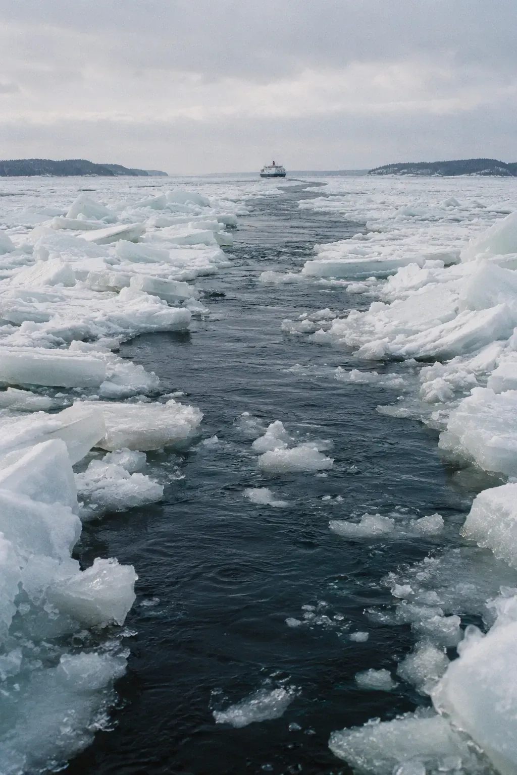 A narrow channel of dark open water through white sea ice, broken floes along its edges, a ferry far away.