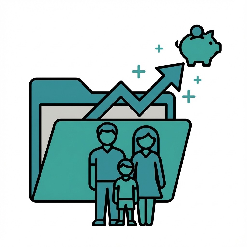 Grafik: Familie vor einem Ordner, Pfeil zeigt aufwärts zu einem Sparschwein. Symbol für wachsende Familienfinanzen.