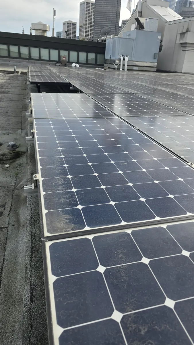 Close view of clean rooftop solar panels at Pier 9 in San Francisco, CA