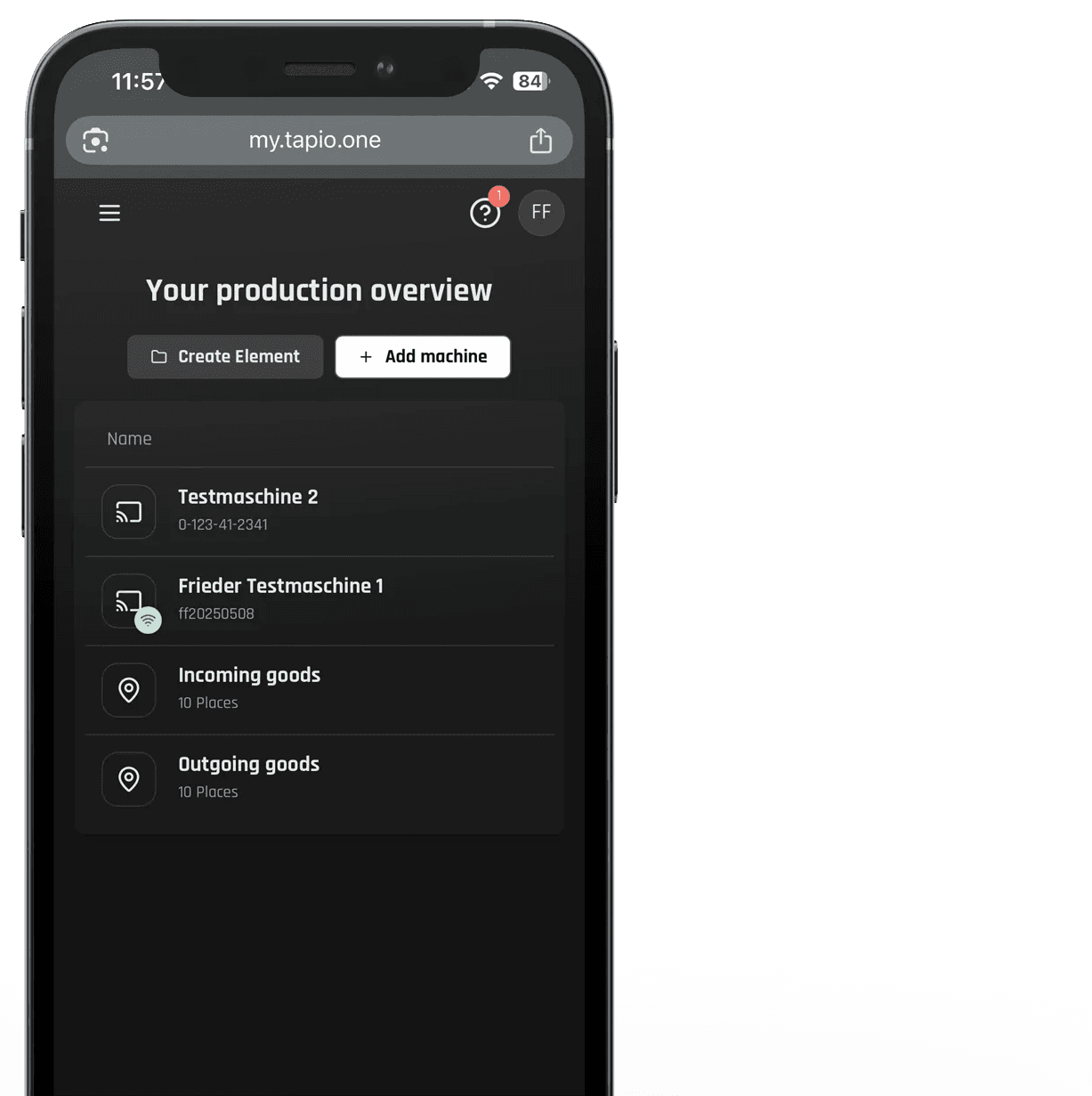 Smartphone on which the production tab is opened from My tapio