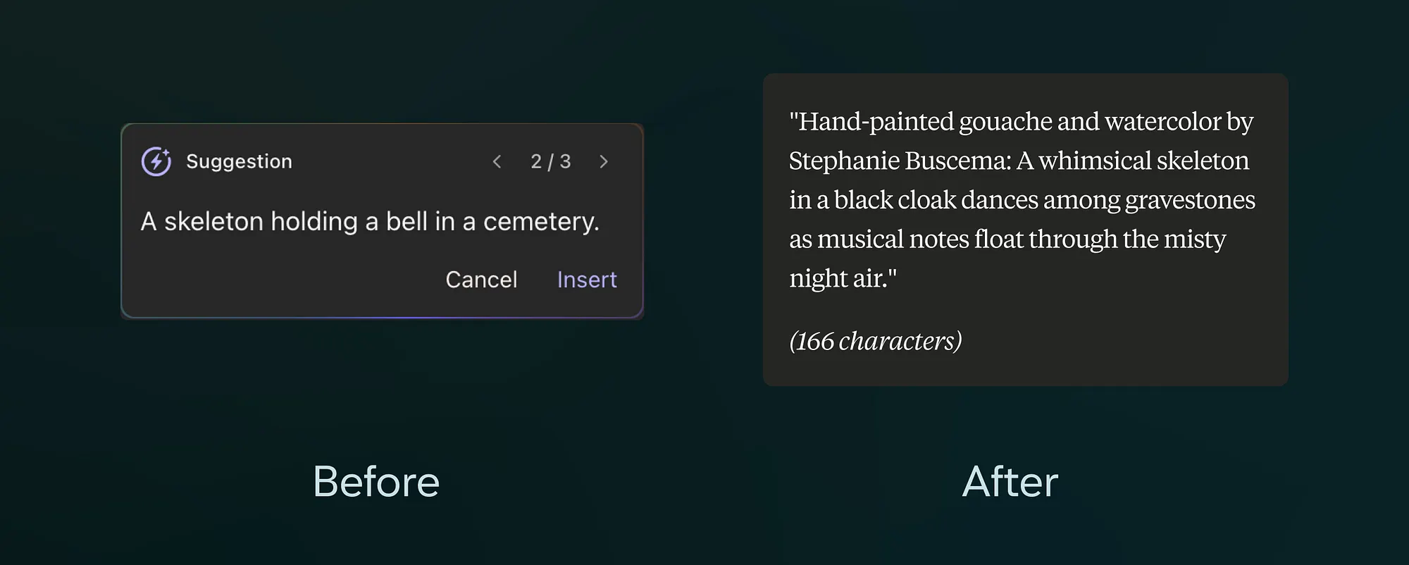 Before and after comparison showing alt text improvement: left shows basic suggestion ‘A skeleton holding a bell in a cemetery,’ right shows enhanced description of Stephanie Buscema artwork with vivid details about a dancing skeleton among gravestones with musical notes.