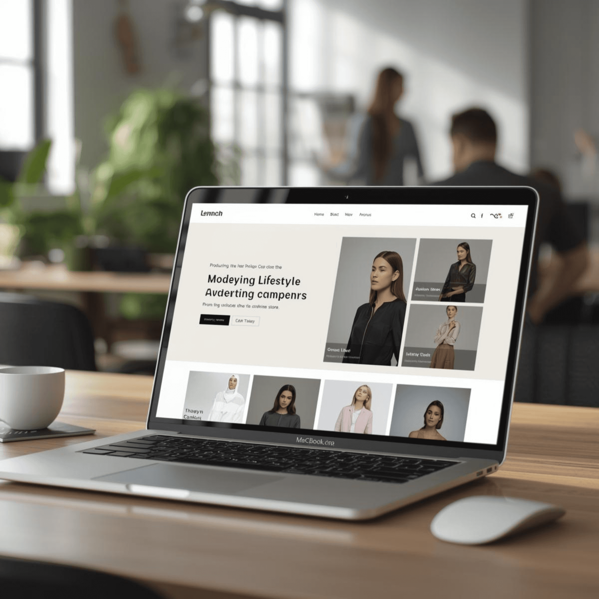 Diseño de interfaz de usuario para una tienda online de moda minimalista mostrada en una MacBook Pro sobre un escritorio de madera.