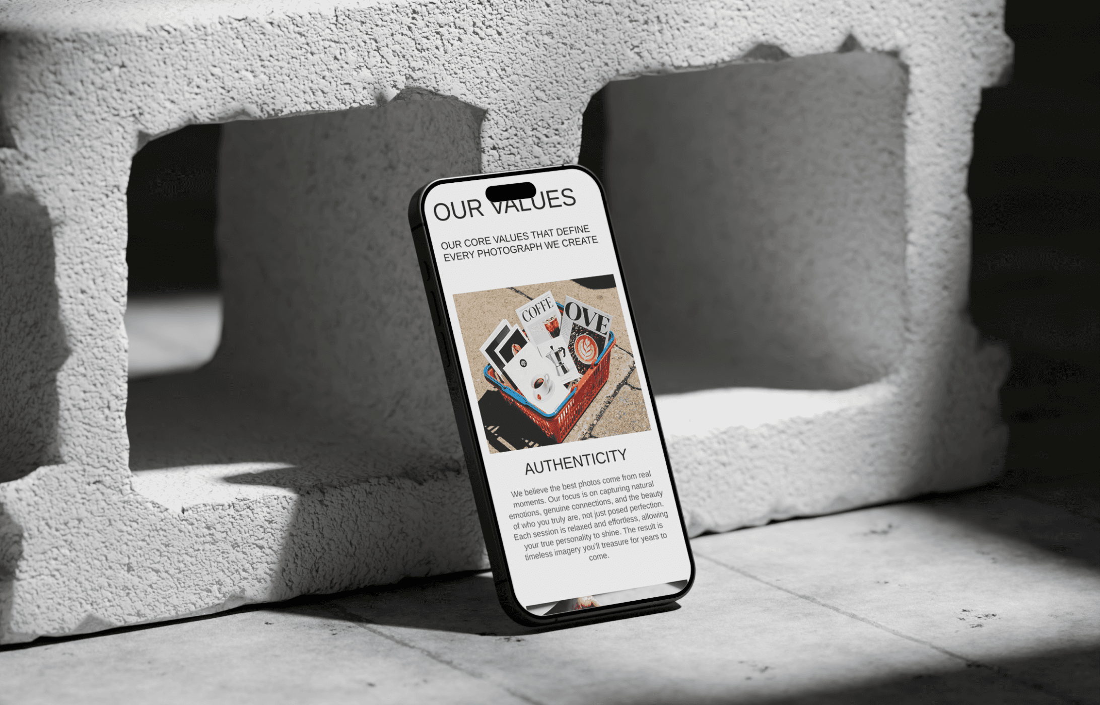 Modern mobile design for Muse photography website with cement brick background