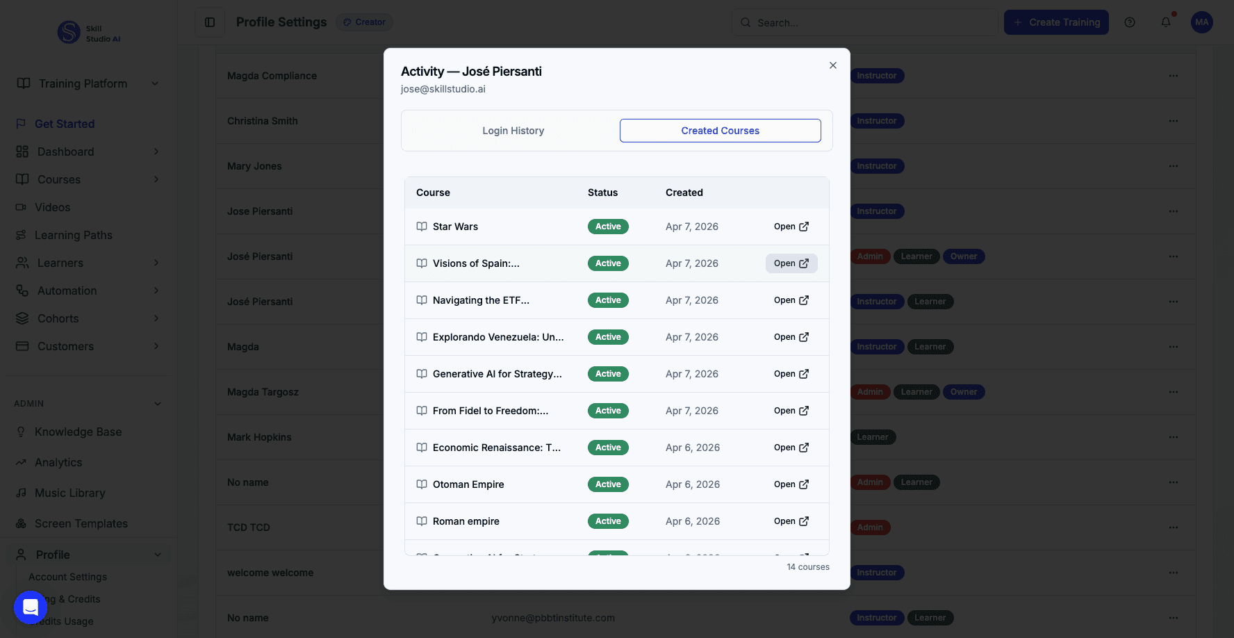 Click another Open button to navigate to a different course this user created.