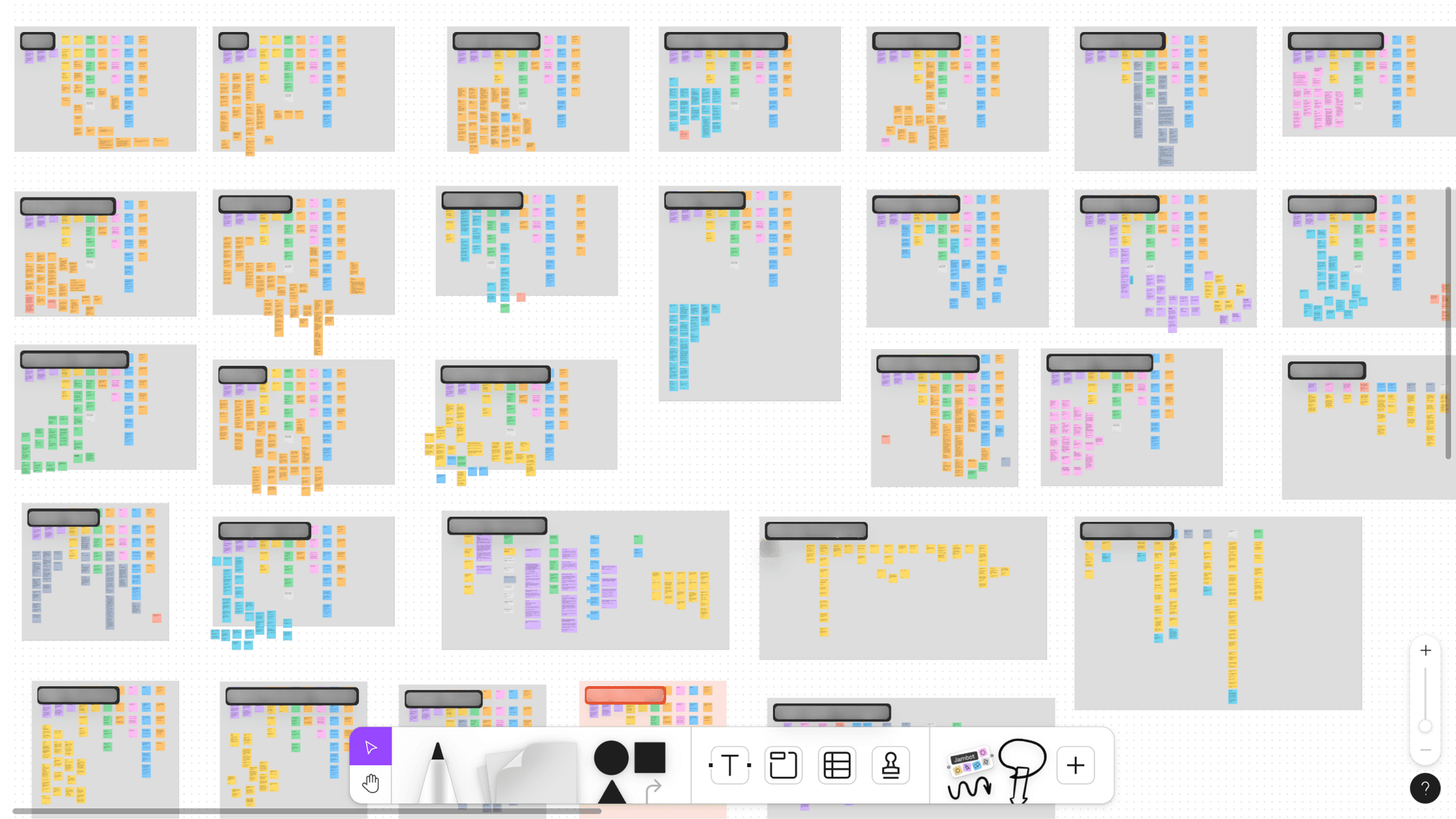 A screenshot of a FigJam board filled with notes from user interviews. 