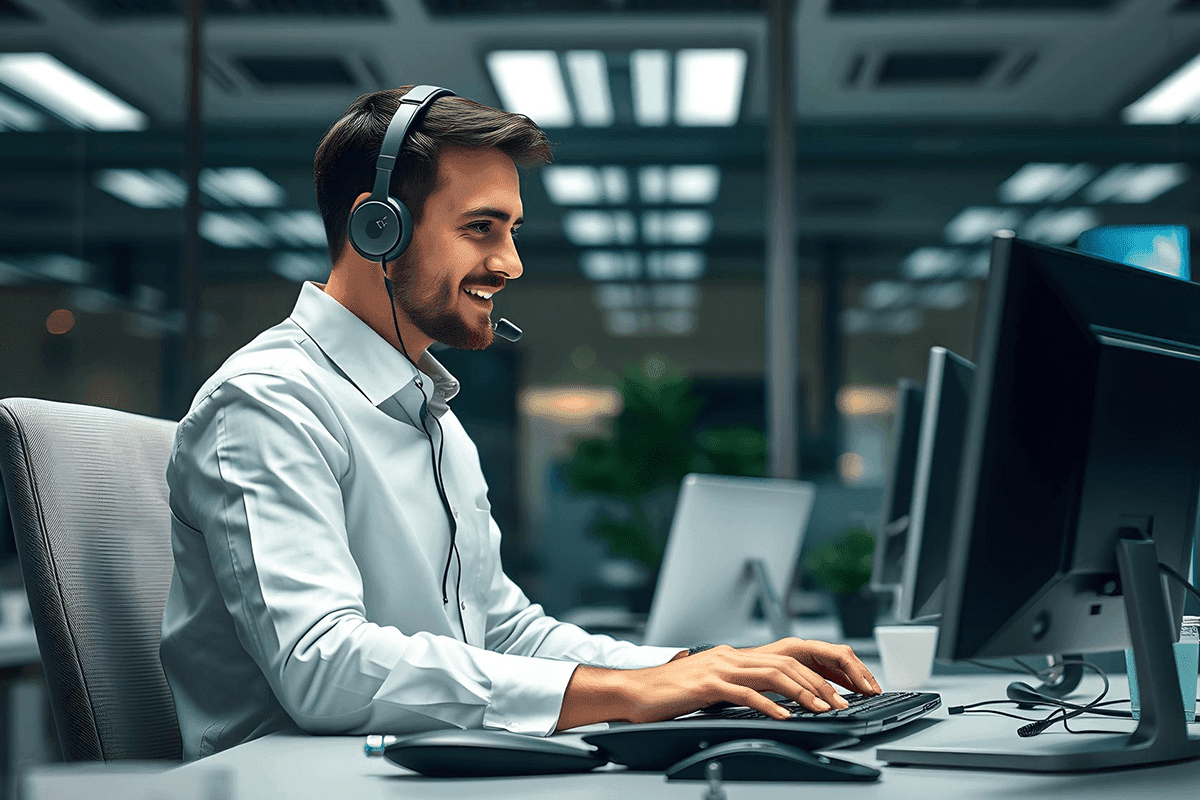 Analista de tecnologia utilizando o computador e sorrindo durante um atendimento de suporte.