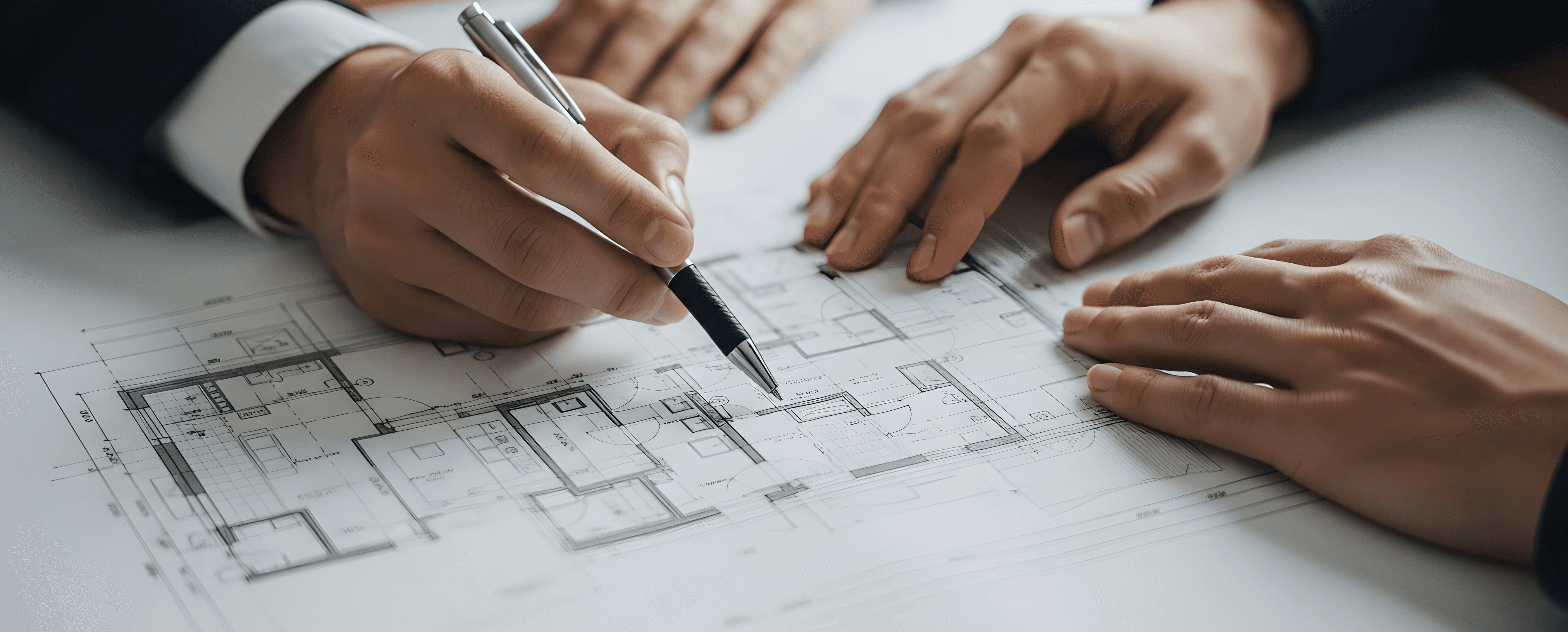 Fachplaner besprechen detaillierte Grundrisse für eine professionelle Objekteinrichtung und Raumplanung