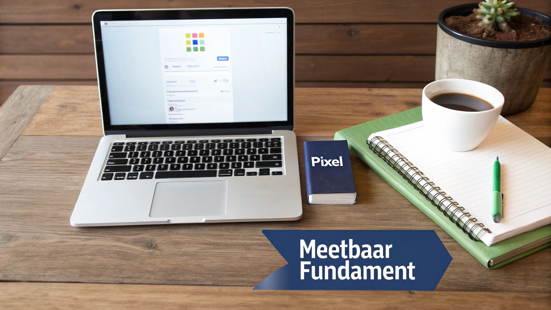 Een georganiseerde werkplek met laptop, een boek, notitieblokken, een kop koffie en een plant op een houten bureau.