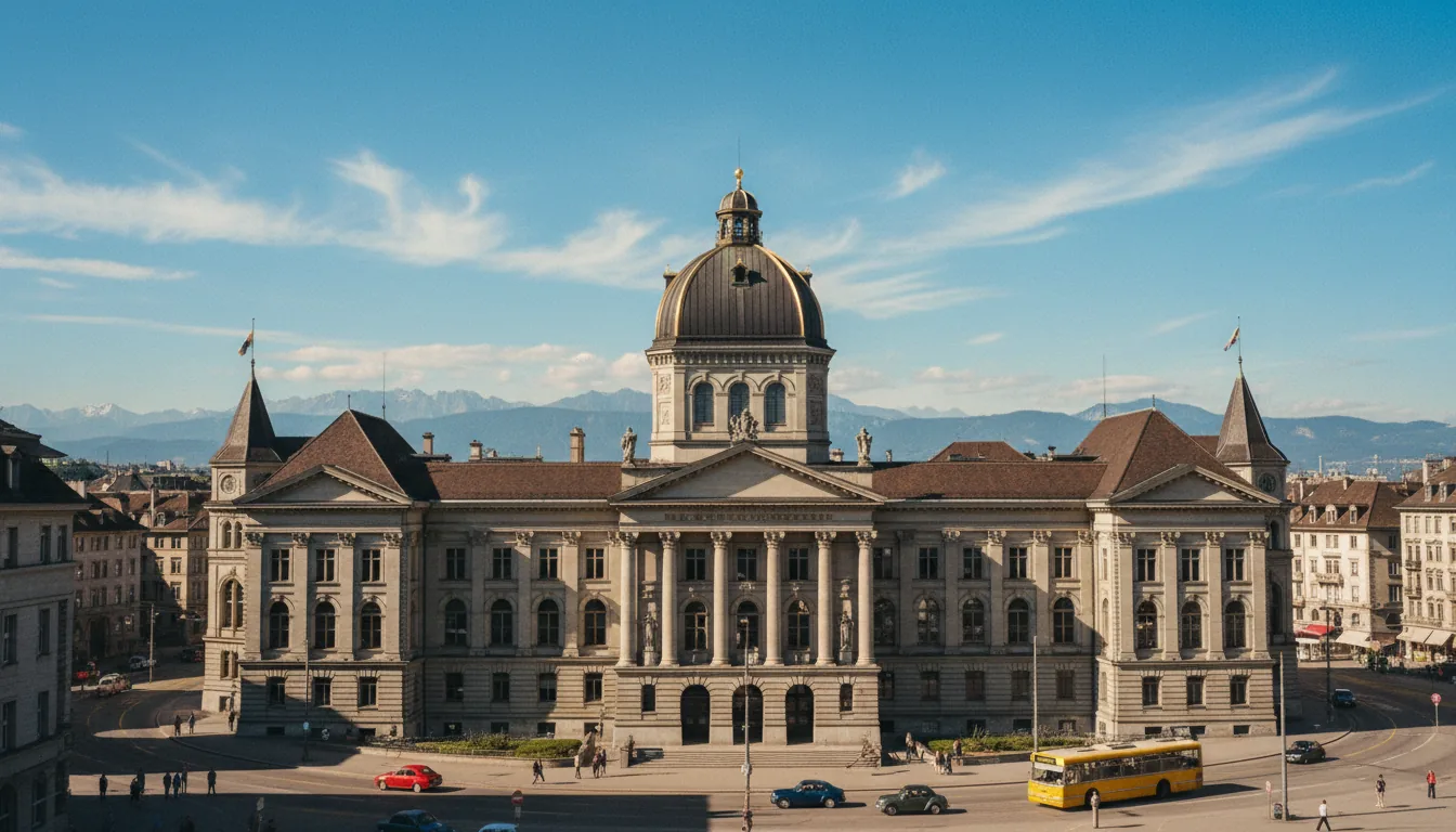 Vintage color photography of the ETH Zurich university main building, shot on 35mm film from an elevated, wide-angle perspective. The scene is bathed in bright, natural daylight, highlighting the grand neoclassical architecture, its large dark central dome, stone facade with columns, and dark slate roofs. Below, a street with light traffic, including a few cars and a bus, is visible. In the far background, distant blue mountains sit under a vibrant blue sky with wispy white clouds. The image has a sharp focus and slightly saturated colors.