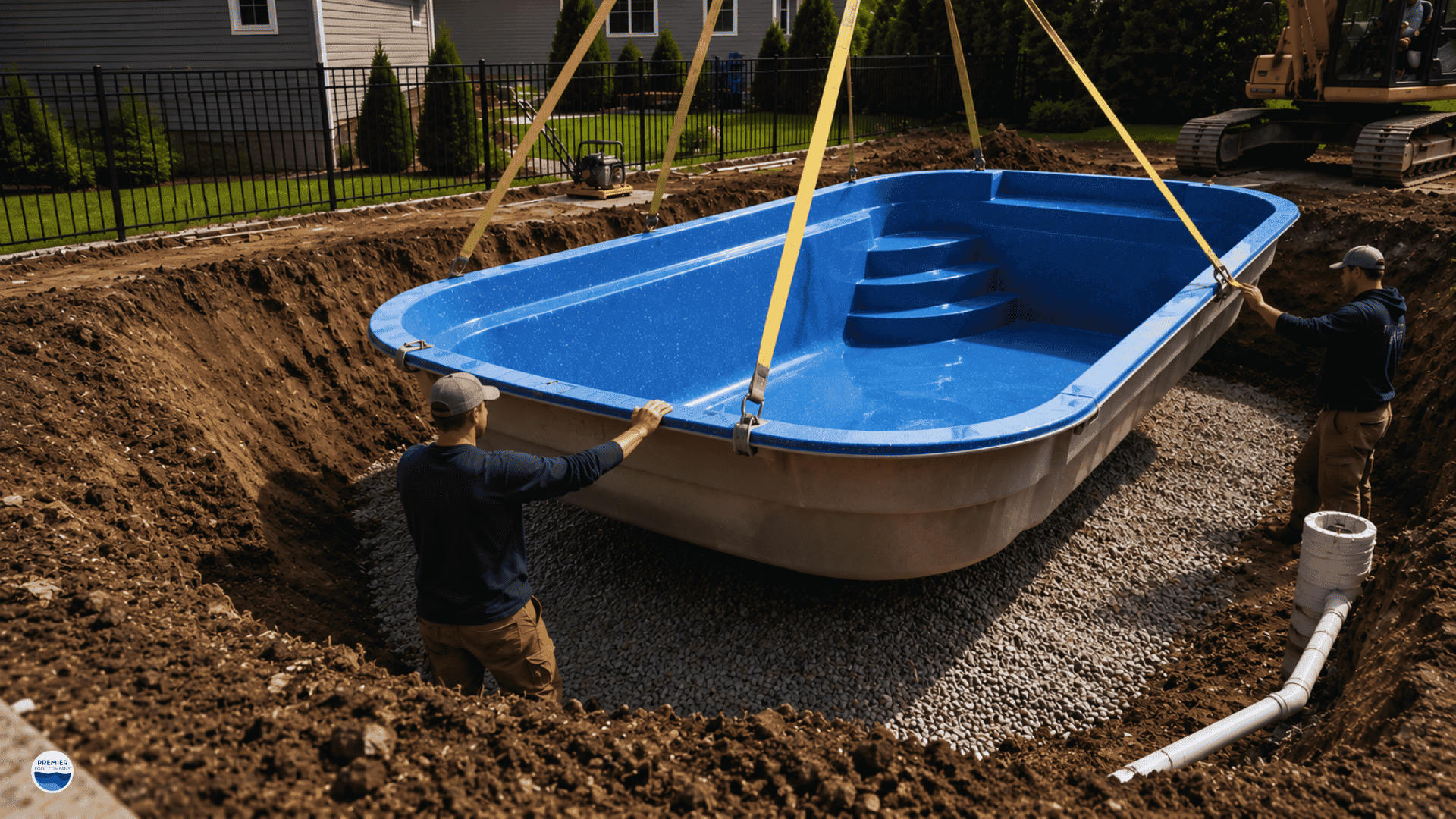Proper fiberglass pool installation with gravel base and level shell placement in Ohio