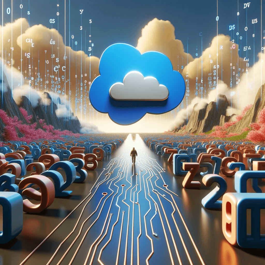 An abstract digital landscape with alphanumeric characters leading to a Salesforce logo