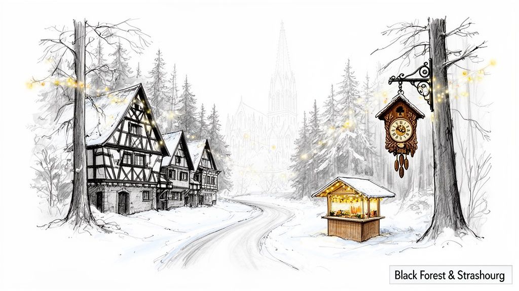 Snowy Black Forest scene with half-timbered houses, a market stall, cuckoo clock, and Strasbourg Cathedral.