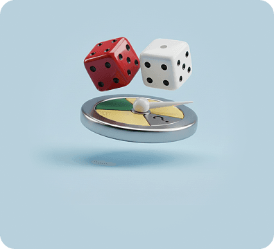 3D illustration of red and white dice with a spinning prize wheel, representing the probability and logic of Large Language Models.