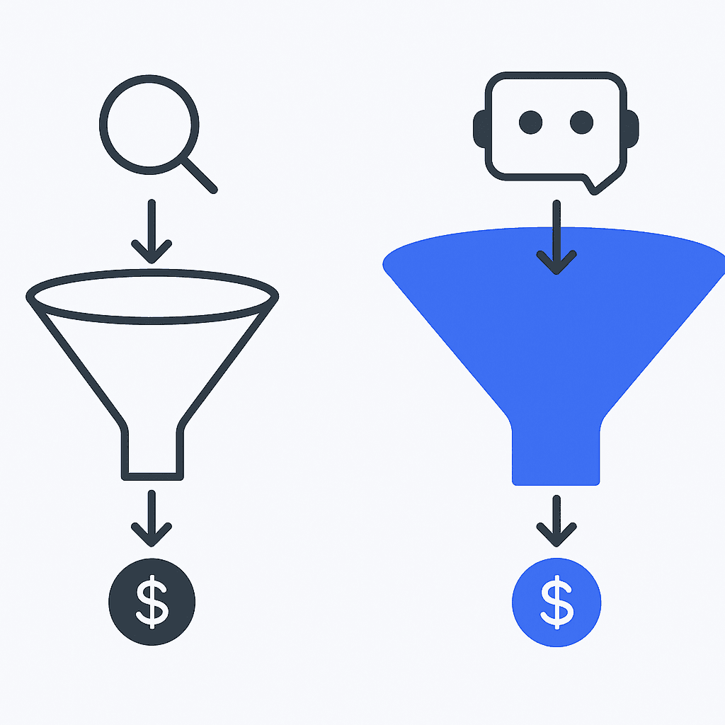 Dual funnel illustration comparing AI referral path to traditional search conversion drop-off