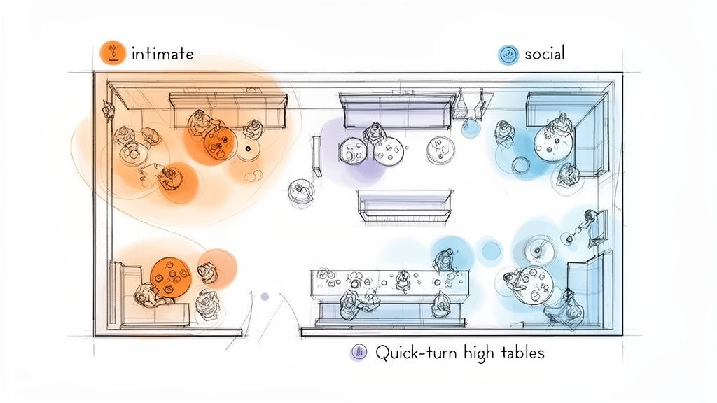 A top-down sketch of a restaurant floor plan showing intimate, social, and quick-turn high table zones.
