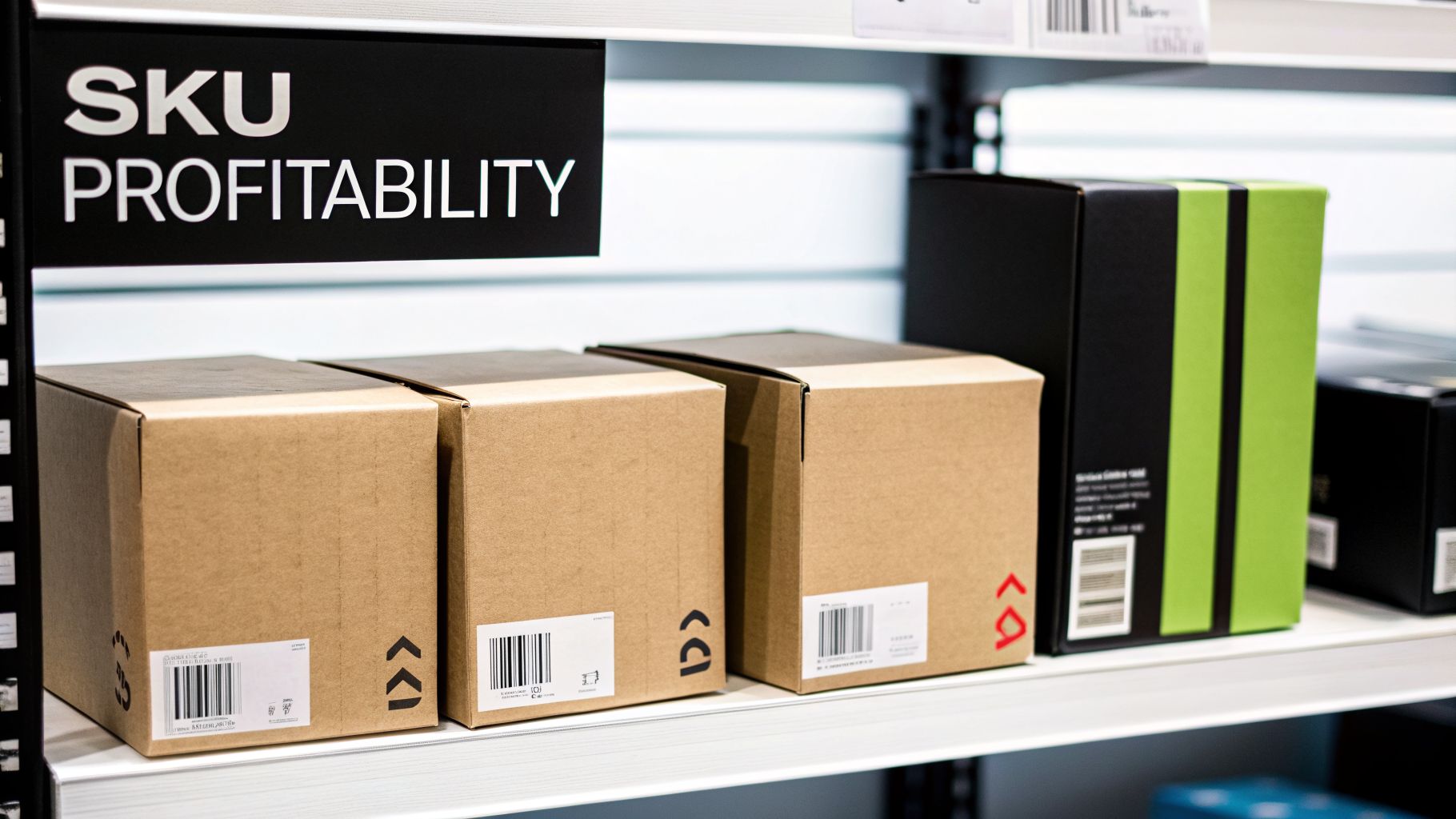 A shelf with a 'SKU PROFITABILITY' sign above brown and black product boxes in a warehouse.