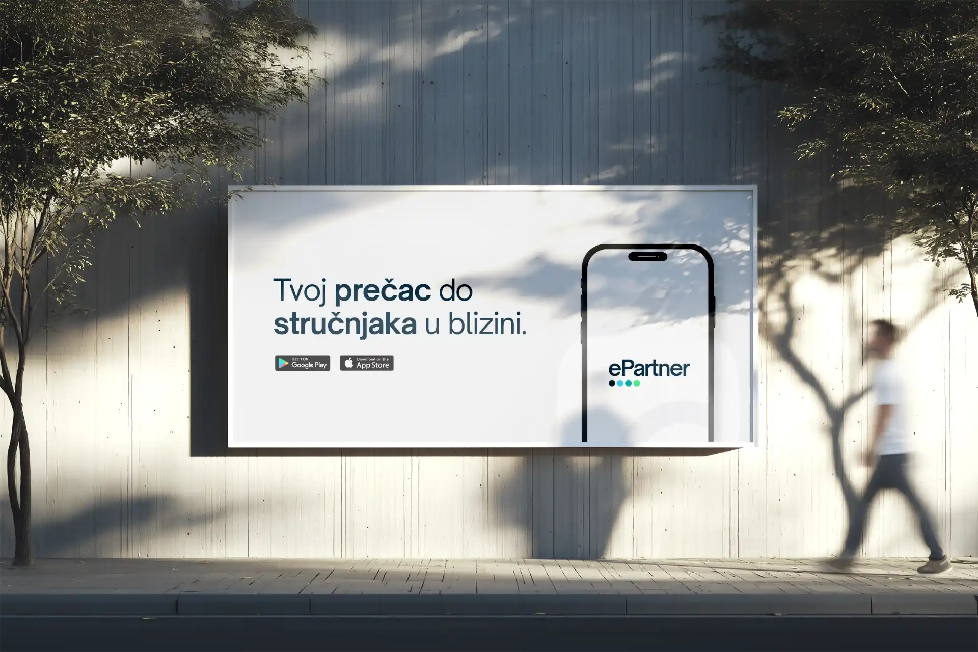 A tech company brand launch campaign by Studio Liminal displayed on a large urban billboard mockup featuring the epartner SaaS logo, modern visual identity, and brand slogan.