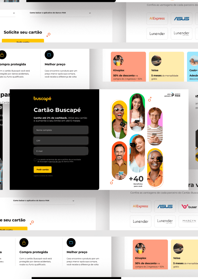 Imagem da landing page do cartão de crédito Buscapé, apresentando os principais benefícios como cashback, parcelamento e seguro de proteção de compras.