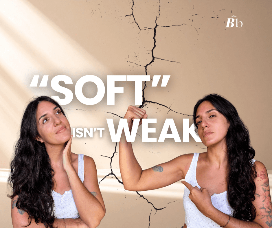 Two facets of the same woman are being shown through a split frame with 2 pictures of her. One is feminine and soft, smiling. The other is fierce and strong, flexing her arm and showing her bicep