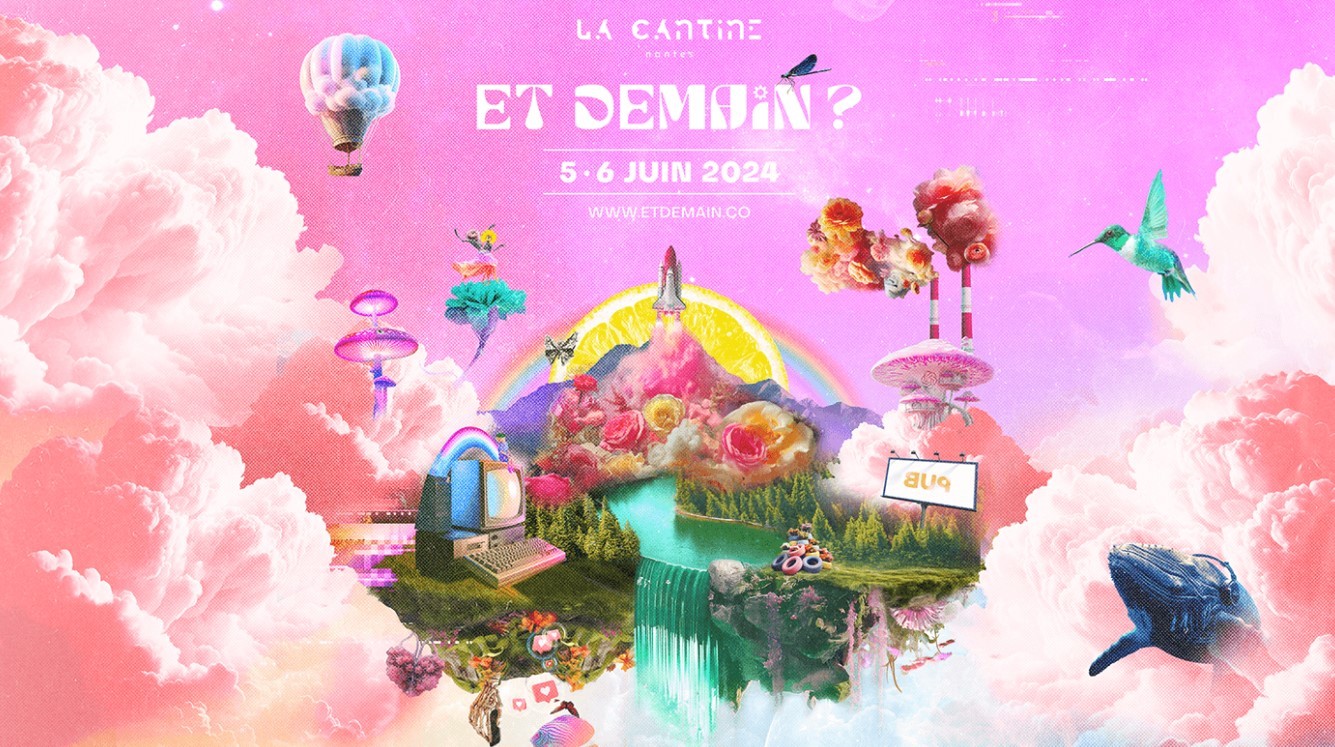 Affiche colorée d'un événement intitulé 'Et Demain?' avec des éléments surréalistes tels qu'un ordinateur rétro, un ballon à air chaud, une fusée et des fleurs dans un paysage fantastique avec des nuages roses.