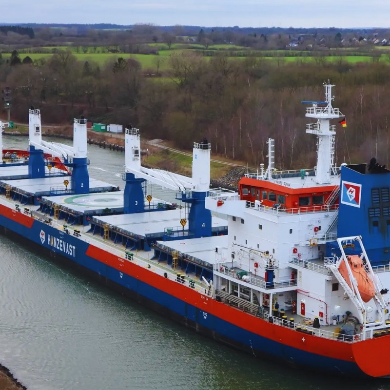 MV Hanze Genua Ship, beautiful ship with colors red, blue and white amazon river