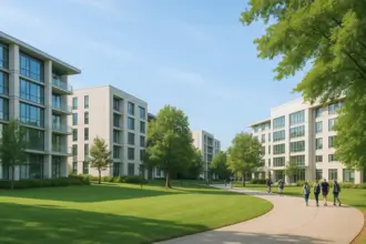 Realistic view of a modern college campus with light-colored dorms, green lawns, and students walking under a sunny sky.