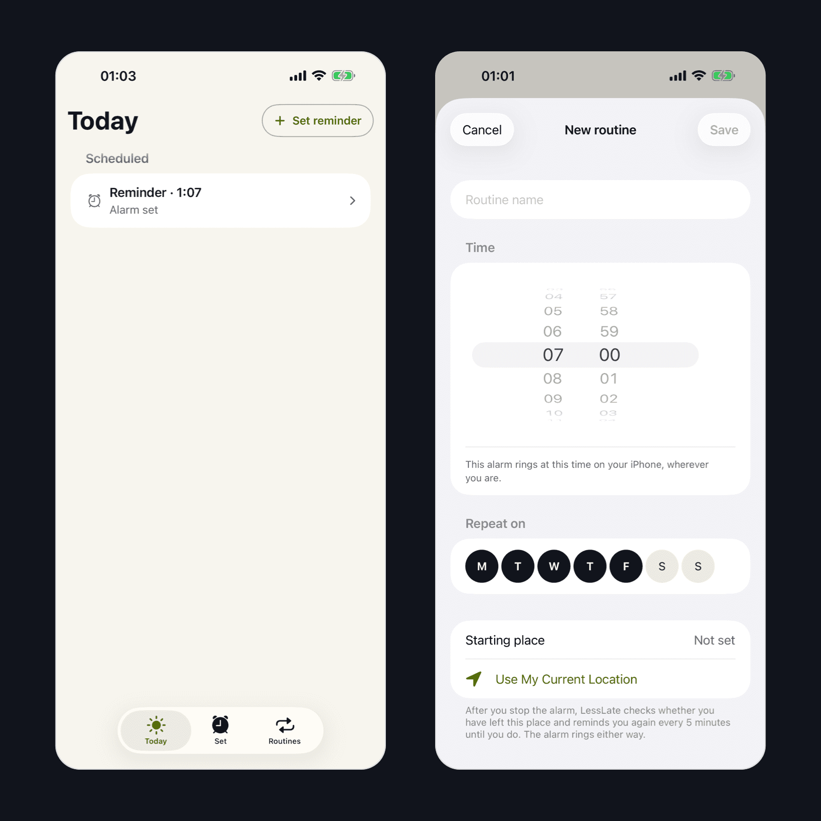 The Today tab with one scheduled reminder beside the new routine editor with weekday selection.